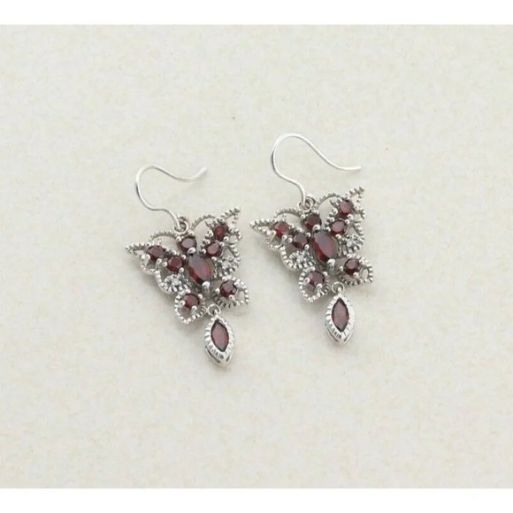10k White Gold Natural Garnet Butterfly Earrings Dangle Drop Earrings - Picture 4 of 7
